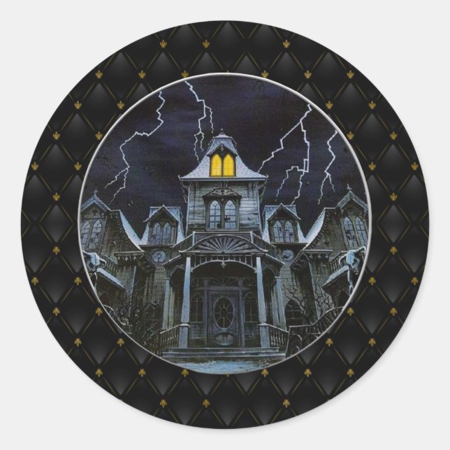 Black Border Haunted House Halloween Classic Round Sticker (Front)