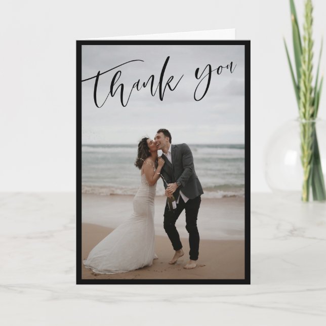 Black Border White Script Wedding Photo Thank You Card (Front)