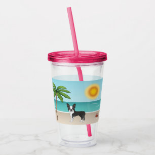 Black Boston Terrier At A Tropical Summer Beach Acrylic Tumbler