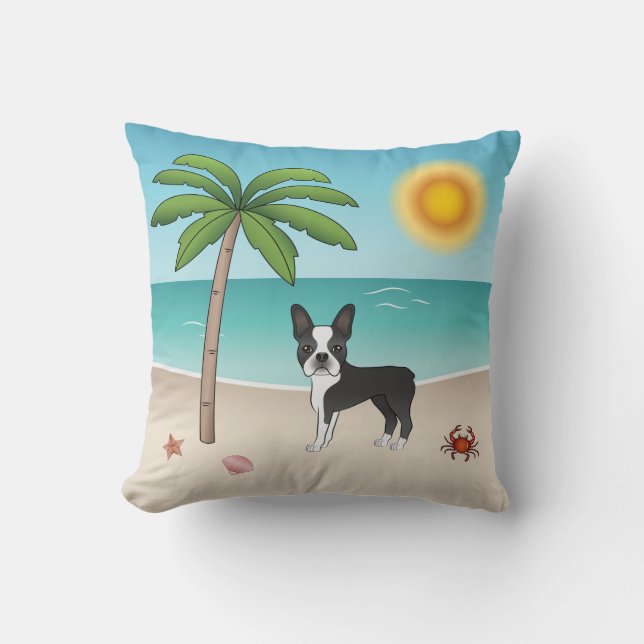 Black Boston Terrier At A Tropical Summer Beach Cushion (Front)