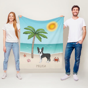 Black Boston Terrier At A Tropical Summer Beach Fleece Blanket