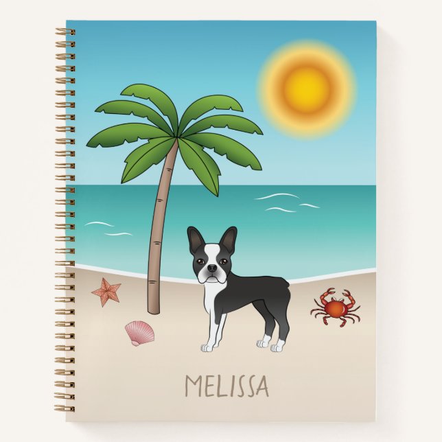 Black Boston Terrier At A Tropical Summer Beach Notebook (Front)