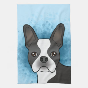 Black Boston Terrier Cartoon Dog Head On Blue Tea Towel
