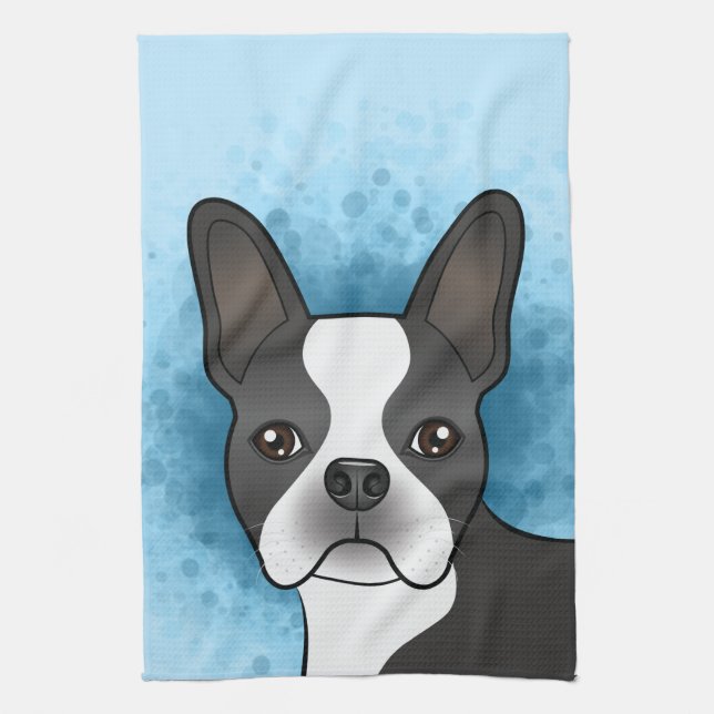 Black Boston Terrier Cartoon Dog Head On Blue Tea Towel (Vertical)