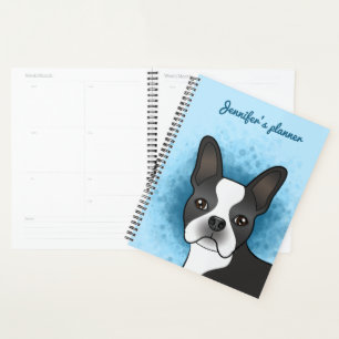 Black Boston Terrier Cartoon Dog On Blue & Text Planner