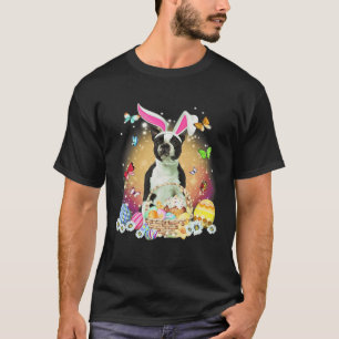 Black Boston Terrier Dog Bunny Easter Eggs Basket  T-Shirt