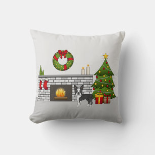 Black Boston Terrier In A Festive Christmas Room Cushion