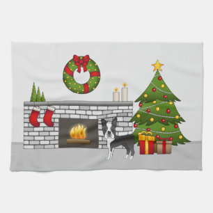 Black Boston Terrier In A Festive Christmas Room Tea Towel
