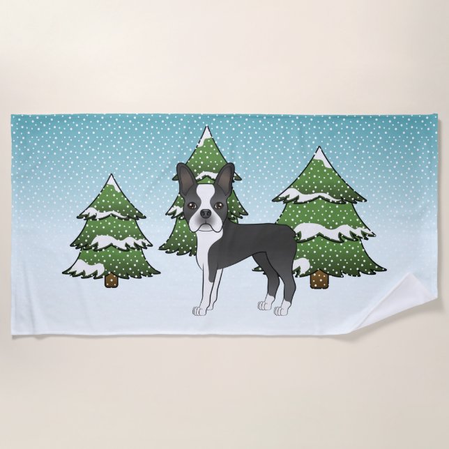 Black Boston Terrier In A Winter Forest Beach Towel (Front)
