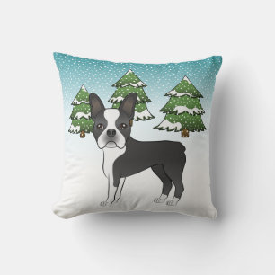 Black Boston Terrier In A Winter Forest Cushion