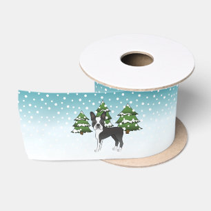 Black Boston Terrier In A Winter Forest Satin Ribbon