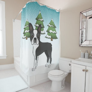 Black Boston Terrier In A Winter Forest Shower Curtain