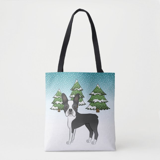 Black Boston Terrier In A Winter Forest Tote Bag (Front)