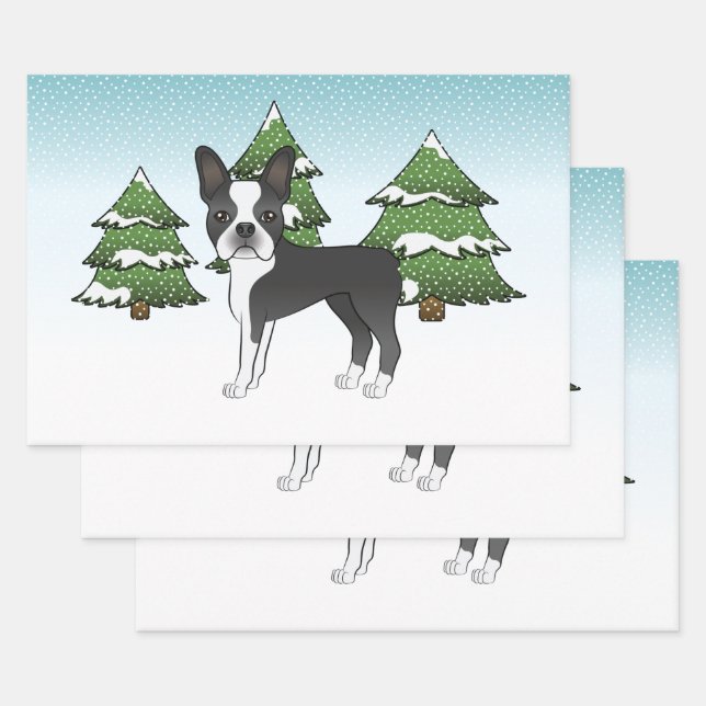 Black Boston Terrier In A Winter Forest Wrapping Paper Sheet (Set)