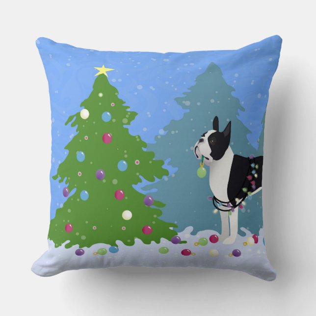 Black Boston Terrier in Christmas Forest Cushion (Front)