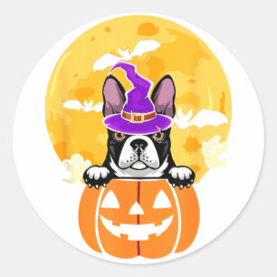 Black Boston Terrier Witch Dog Lover Halloween Classic Round Sticker