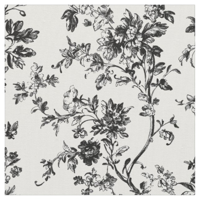 Black Botanical Branch Toile Fabric (Close Up)