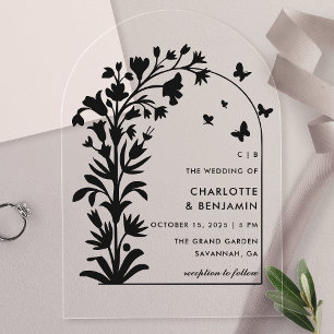 Black Botanical Butterfly Arched Wedding Acrylic Invitations
