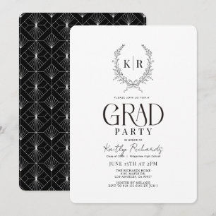 Black Botanical Crest Monogram Graduation Invitation