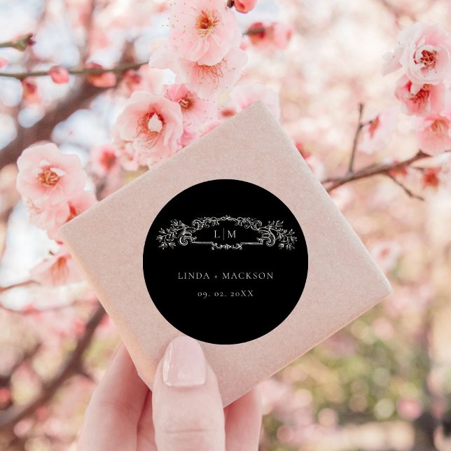 Black botanical crest monogram wedding classic round sticker (Creator Uploaded)
