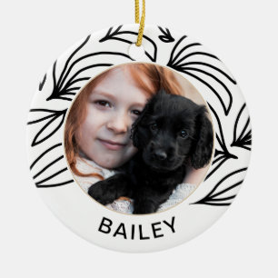 Black Botanical Dog Photo and Name Christmas Ceramic Ornament