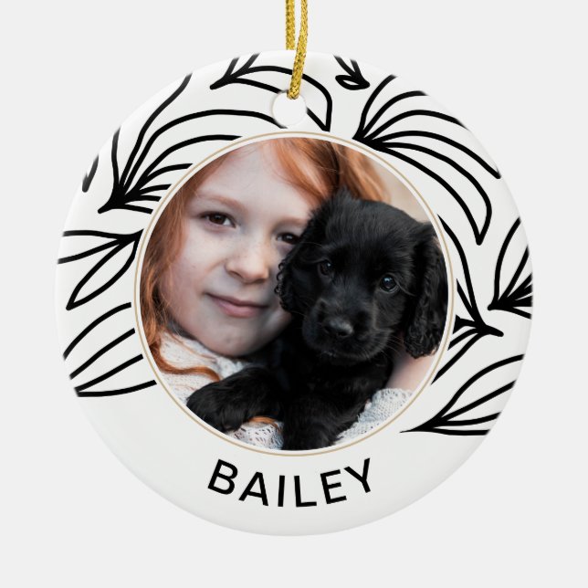 Black Botanical Dog Photo and Name Christmas Ceramic Ornament (Front)