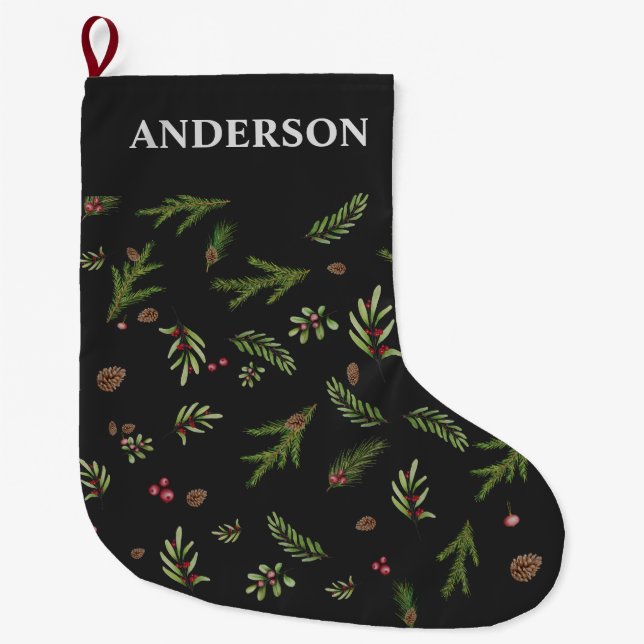 Black botanical elegant modern family gift  large christmas stocking (Front)