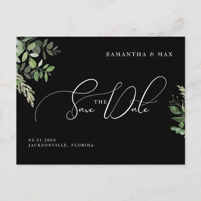 Black Botanical Elegant Photo Save the Date  Postcard (Front)