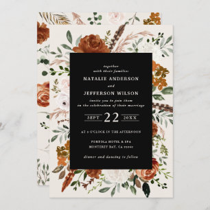Black botanical floral elegant wedding details QR Invitation