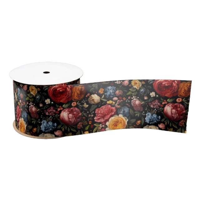 Black Botanical Floral Moody Baroque Antique Dutch Satin Ribbon (Spool)