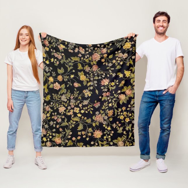 Black Botanical Floral Print Fleece Blanket (In Situ)