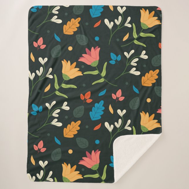 Black Botanical Floral Print Sherpa Blanket (Front)