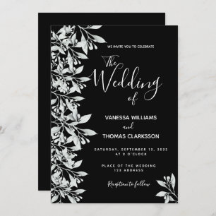 Black botanical foliage script wedding invitation