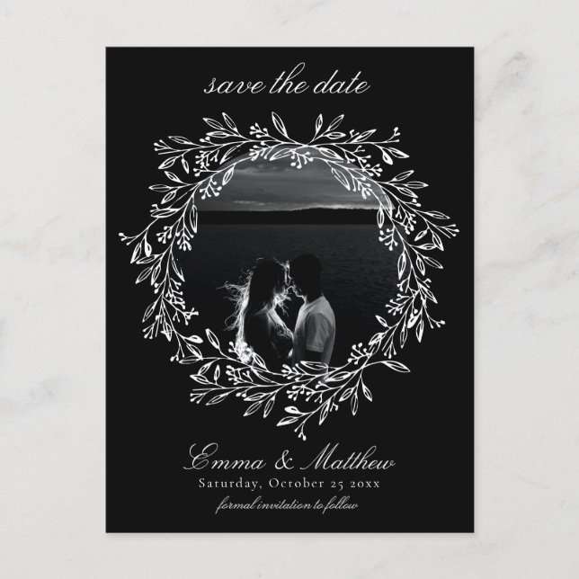 Black Botanical Gothic Wreath Save the Date Photo Postcard (Front)