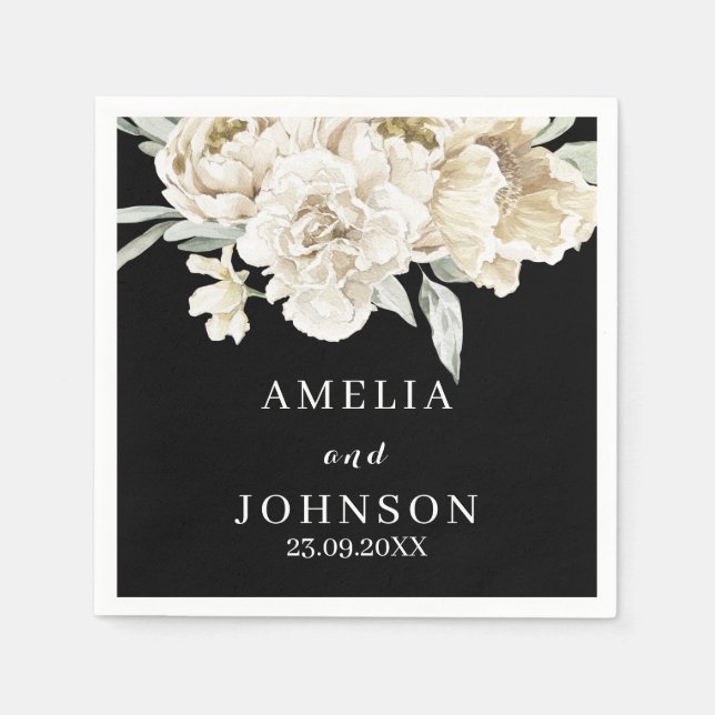Black botanical greenery simple winter wedding napkin (Front)