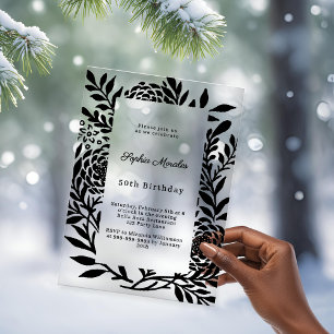 Black botanical luxury clear birthday acrylic invitations