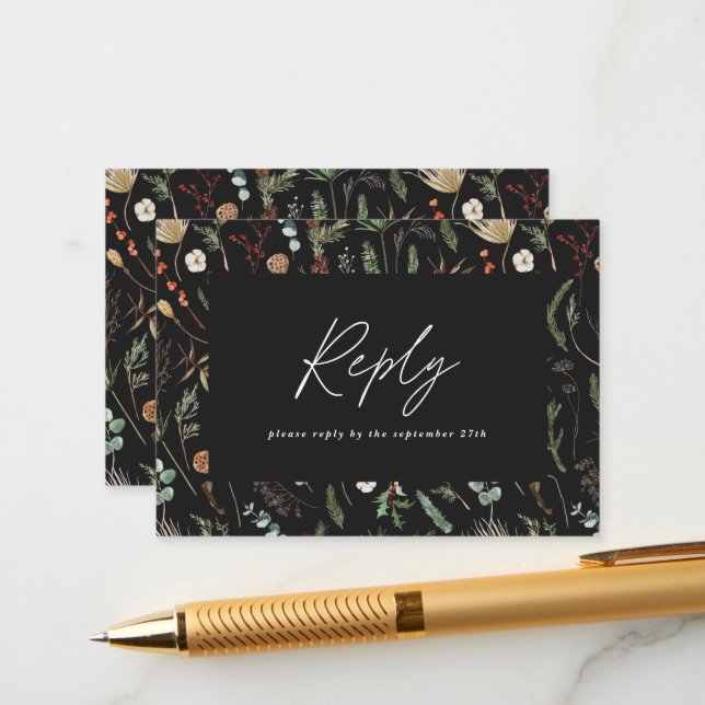 Black botanical minimal chic elegant wedding reply enclosure card (Front/Back In Situ)