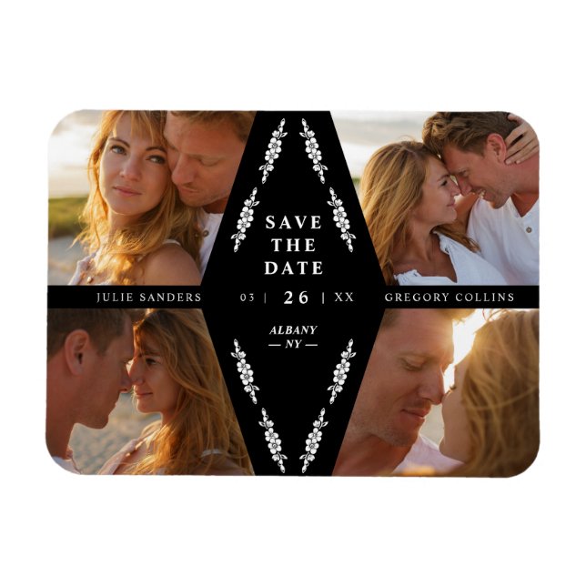 Black Botanical Modern Collage 4 Photos Wedding Magnet (Horizontal)