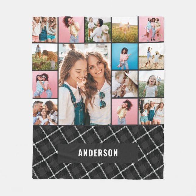 Black botanical modern minimal pampas 15 photo fleece blanket (Front)