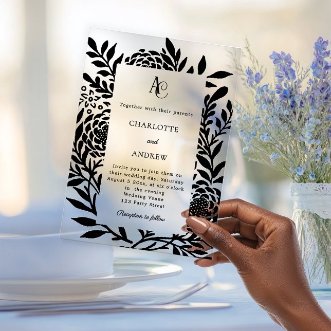 Black botanical modern monogram luxury wedding acrylic invitations (Creator Uploaded)