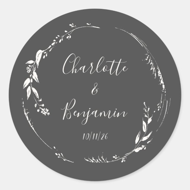 Black Botanical Personalised Script Wedding Names  Classic Round Sticker (Front)