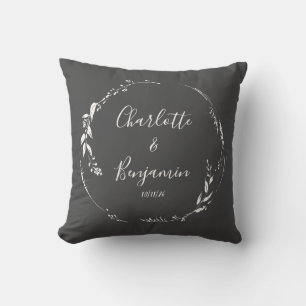 Black Botanical Personalised Script Wedding Names Cushion