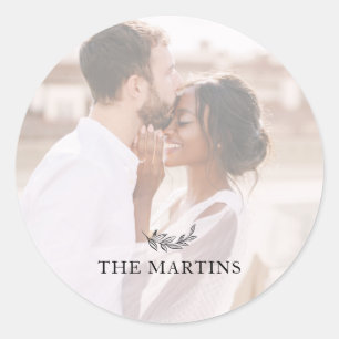 Black Botanical Personalised Wedding Photo  Classic Round Sticker