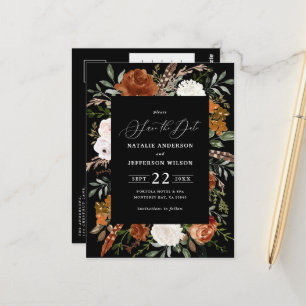 Black botanical rustic elegant modern wedding save postcard