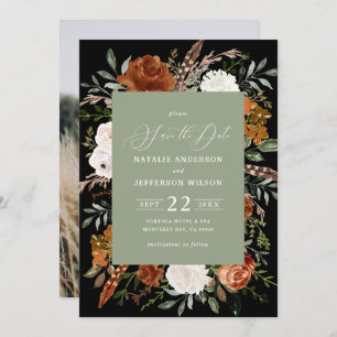 Black botanical rustic photo save the date