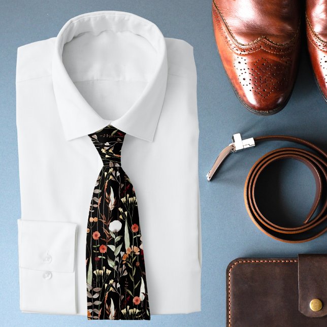 Black Botanical Watercolor Floral Pattern Tie (Creator Uploaded)