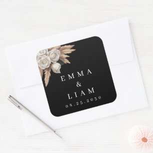 Black Botanical White Rose Pampas Grass Envelope Square Sticker