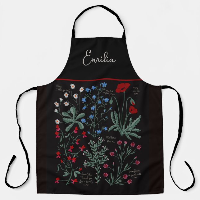 Black botanical wildflower romantic garden floral apron (Front)
