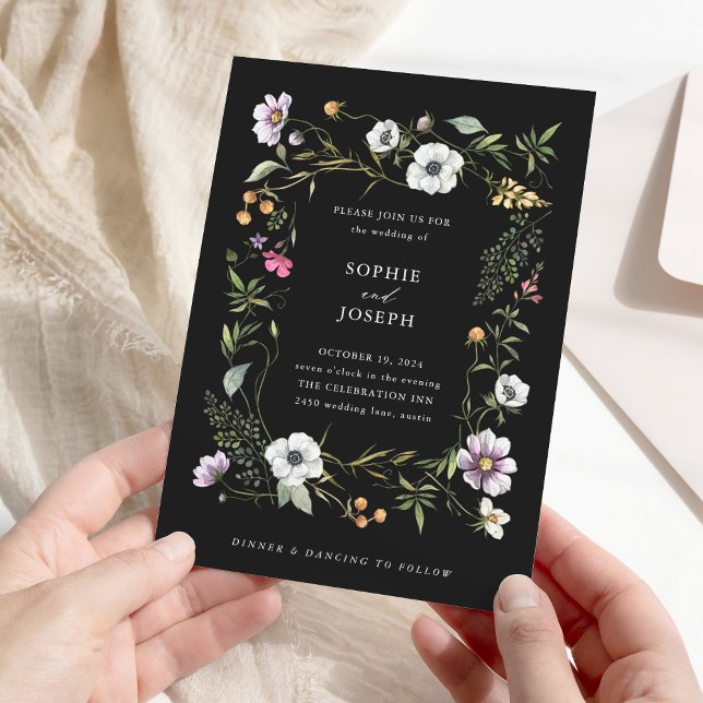 Black Botanical Wildflowers | Elegant Wedding Invitation (Creator Uploaded)