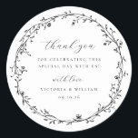 Black Botanical Wreath Wedding Favour Classic Round Sticker<br><div class="desc">Elegant botanical vintage style wreath in black,  wedding thank you favour sticker.</div>